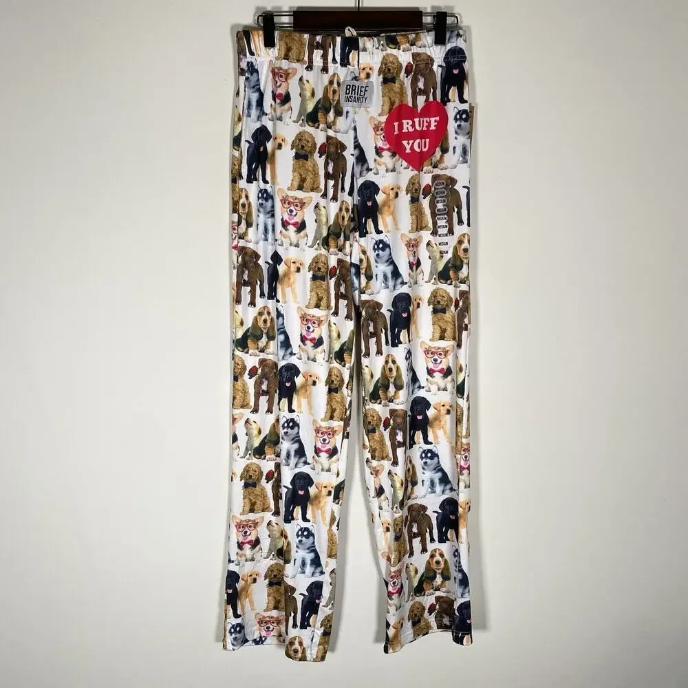 BRIEF INSANITY Lounge Pants Dog Puppies Novelty Sleep Medium Unisex I Ruff You